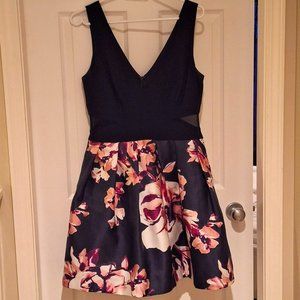 Navy Blue Tea Length Dress with Mesh Cut Outs and Floral Skirt